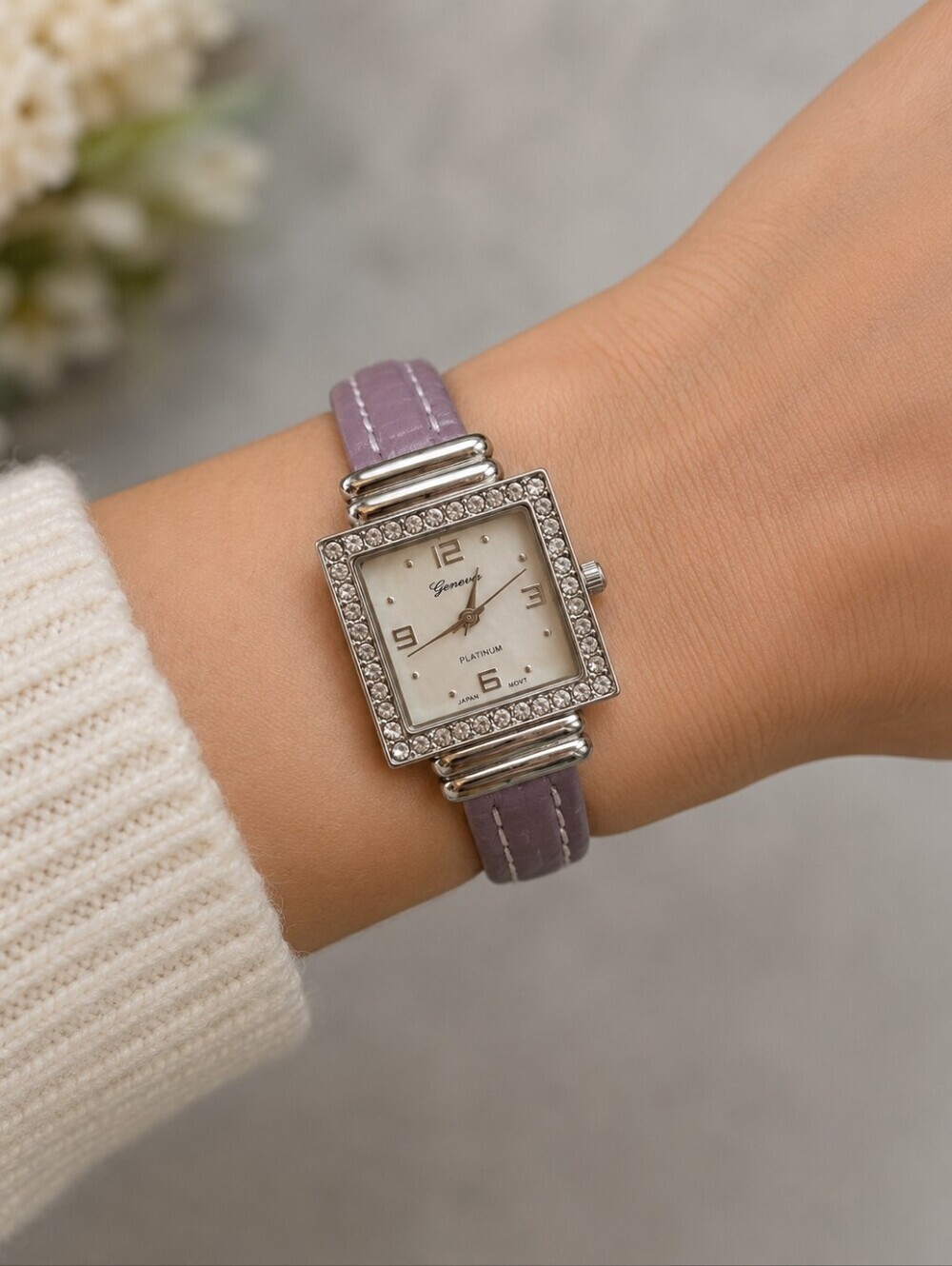 GENEVA Square Face Rhinestone Metallic Lavendar Cuff Watch